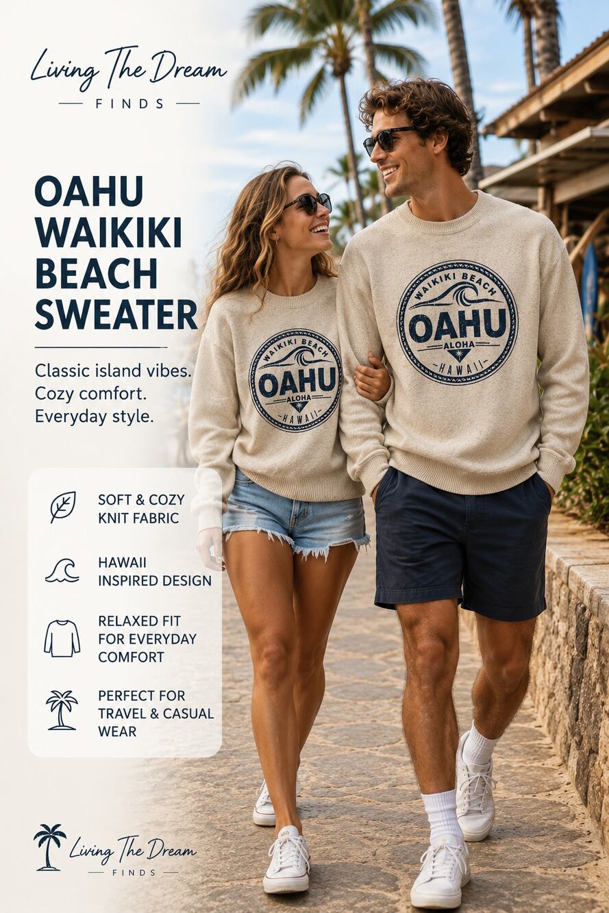 Oahu Waikiki Beach Hawaii Crewneck Sweater Beige Graphic Pullover Adult Size M